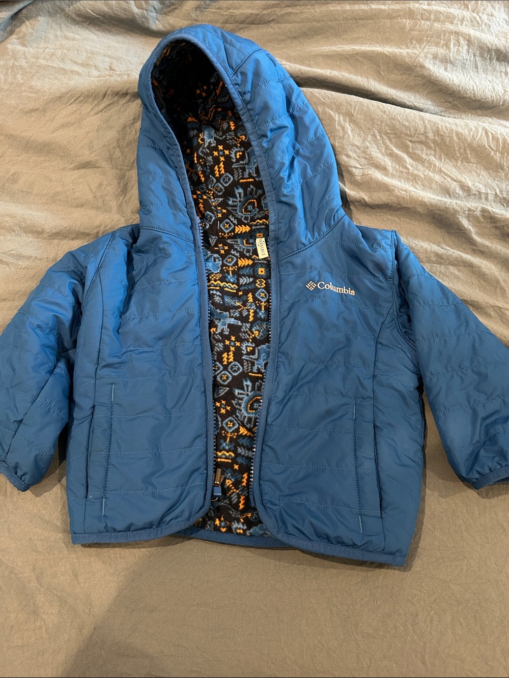 Columbia Kids Blue Hooded Puffer Reversible Jacket with Patterned Fleece Lining